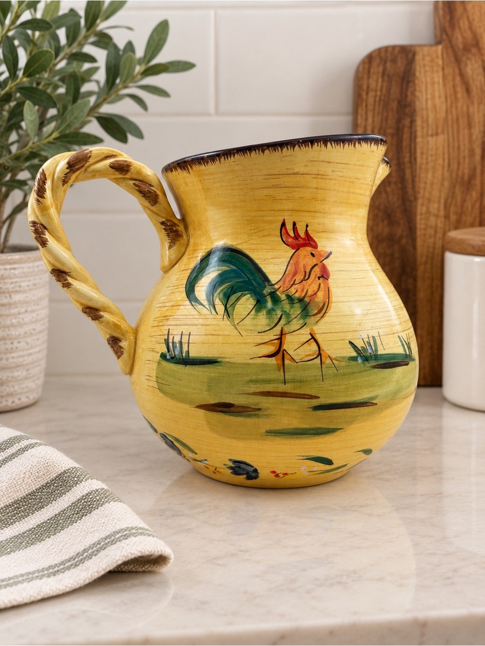 Vintage Hand Painted Rooster Ceramic Pitcher Jug Farmhouse Country Kitchen Decor